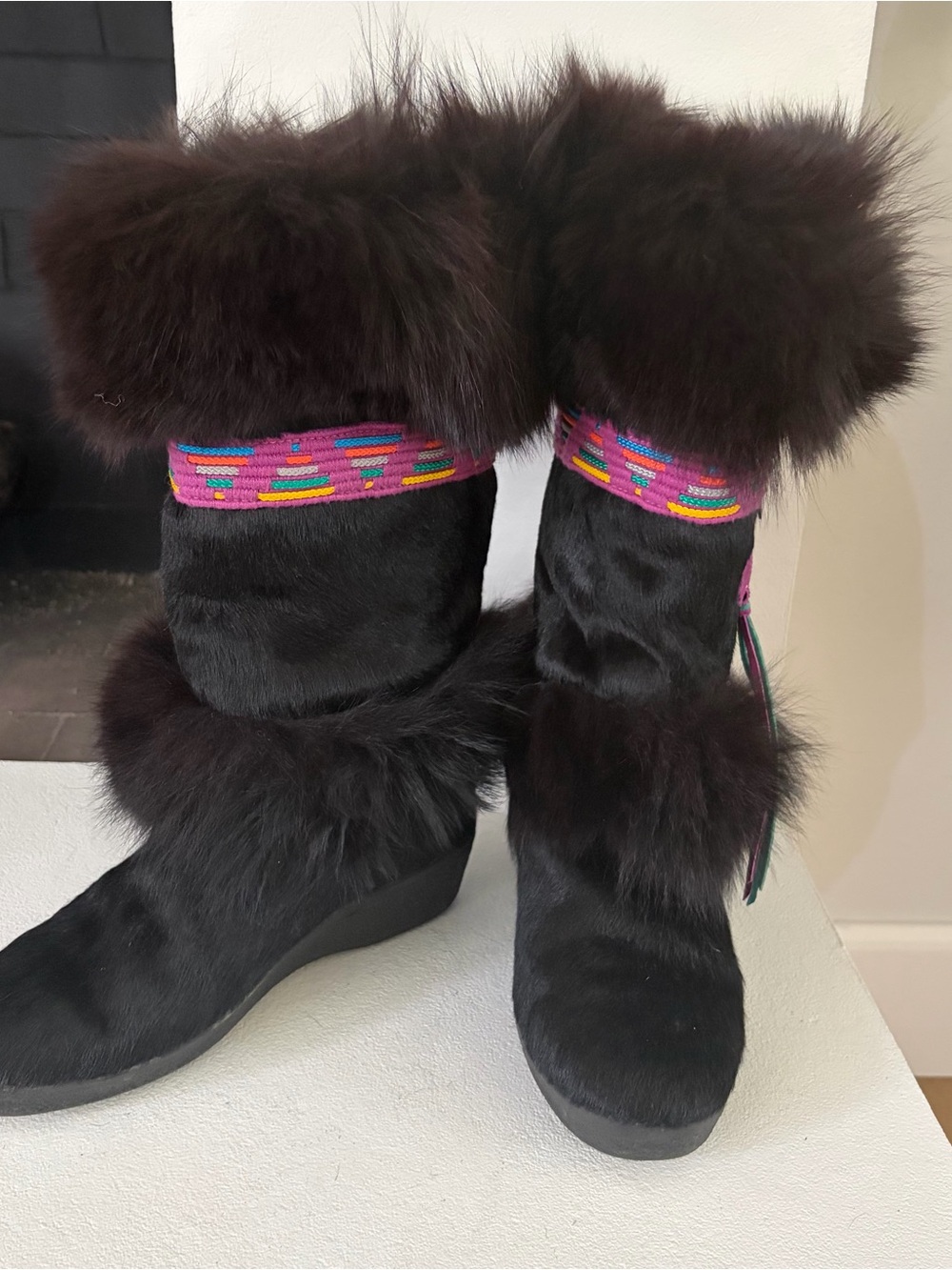 Vtg Tecnica Real Fur Snow Boots W Black Italy Apres Ski Winter Wedge Sz 9/9.5
